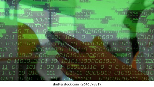 Holding smartphone with adult hand showing binary code overlay at home office, with potted plant. Technology, innovation, digital, communication, workspace, modern, connectivity
