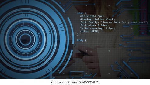 Holding smartphone with hands wearing long sleeves at desk showing CSS code over digital interface. Technology, innovation, interface, cybersecurity, ui design, digital, futuristic