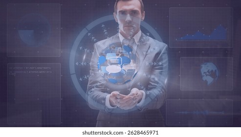 Holding smartphone man in gray suit using panels at workspace, with holographic globe display. Technology, innovation, data visualization, digital interface, communication, business, analytics