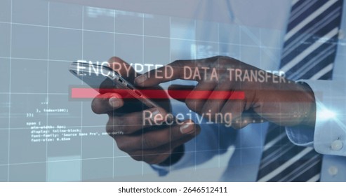Holding smartphone, man wearing shirt and tie handling encrypted data in office, with code overlay. Technology, cybersecurity, digital, professional, innovation, data, communication