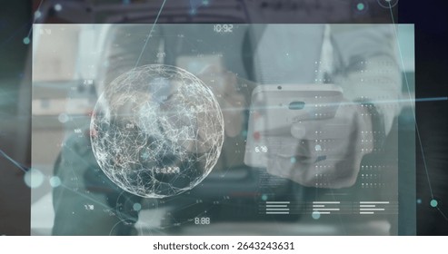 Holding smartphone man wearing sweater using digital display in office, showing 3D globe overlays. Futuristic, technology, innovation, connectivity, data, networking, digital