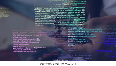 Holding smartphone showing programming code overlay at wooden office desk, with coffee mug nearby. Technology, innovation, digital, workspace, modern, productivity, coding