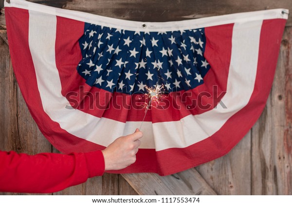 Holding Sparkler Front Barnwood Door American Stock Photo Edit