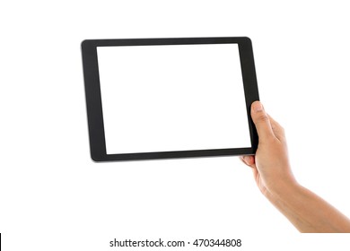 Holding tablet computer against white background