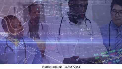 Holding tablet, doctor in lab coat leading medical team analyzing data in hospital lab, with charts. Medical team, healthcare, digital interface, data visualization, clinical, collaboration, science