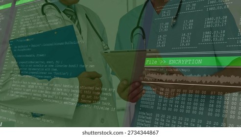 Holding tablet, folder, two doctors wearing white coat, blue scrubs reviewing File ENCRYPTION. Clinical, cybersecurity, privacy, hospital, digital, records, documentation