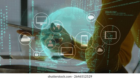 Holding tablet and stylus, professional interacting with digital globe and network icons at office. Technology, digital, innovation, connectivity, data, cybersecurity, enterprise