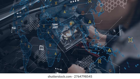Holding tablet, tech inspecting hardware in workshop with wiring, long sleeves and digital overlay. Augmentedreality, datavisualization, networkmap, holographic, industrial, machinery, technician