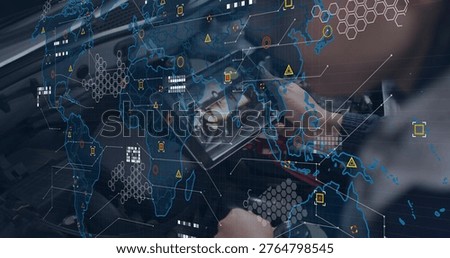Holding tablet, tech inspecting hardware in workshop with wiring, long sleeves and digital overlay. Augmentedreality, datavisualization, networkmap, holographic, industrial, machinery, technician
