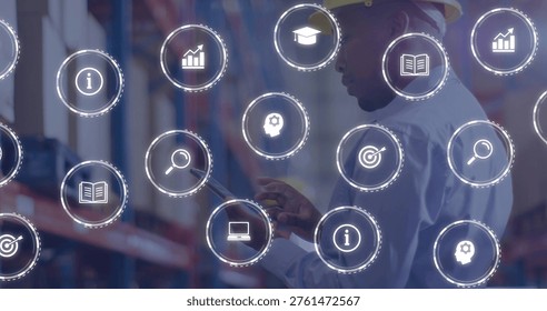 Holding tablet, warehouse tech checking racks with digital icons, yellow hard hat, copy space. Inventory, analytics, logistics, monitoring, supplychain, minimalist, industrial