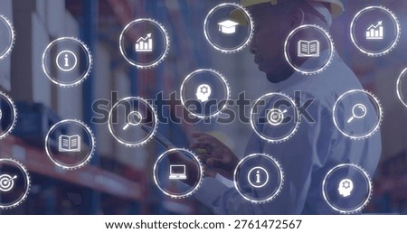 Holding tablet, warehouse tech checking racks with digital icons, yellow hard hat, copy space. Inventory, analytics, logistics, monitoring, supplychain, minimalist, industrial