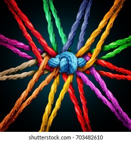 Holding Together Group As Different Ropes Connected And Tied And Linked Together In The Center By A Knot As A Strong Unbreakable Chain And Community Trust And Faith Metaphor.