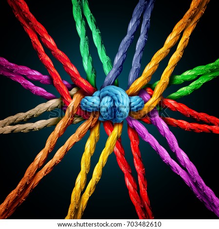Holding together group as different ropes connected and tied and linked together in the center by a knot as a strong unbreakable chain and community trust and faith metaphor.