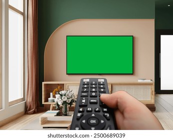 Holding a tv Remote towards Green screen TV .Effortlessly control your entertainment with a sleek remote and green screen TV, - Powered by Shutterstock