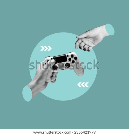 holding video game console controller, passing the video game controller, controller, control, two players, concept, collage art, photo collage