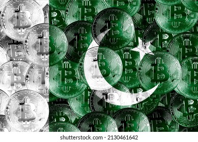 Holds a physical version of Bitcoin and the Pakistani flag. Concept map of Pakistani cryptocurrency and blockchain technology. Double exposure creative bitcoin symbol hologram. 