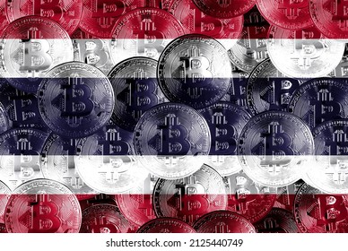 Holds A Physical Version Of Bitcoin And The Thai Flag. Concept Map Of Cryptocurrencies And Blockchain Technology In Thailand. Double Exposure Creative Bitcoin Symbol Hologram. 