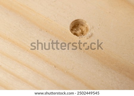 the hole after the drill bit in pine board during operation, close-up of pine wood with sawdust after drilling with a metal drill