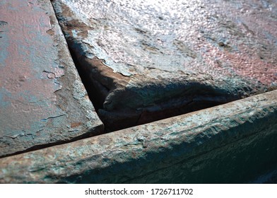 Hole Dent In Panel Of Ship Steel Hatch Cover