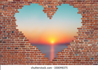 Hole shape heart inside brick wall, Symbol of love, brick wall heart
