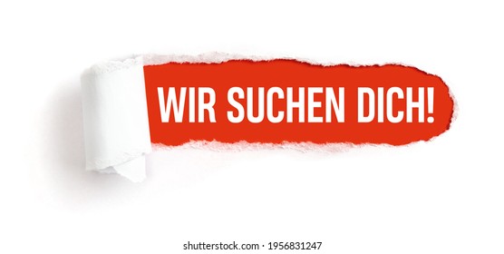 Hole in white paper with torns edges - We want you in german - Wir suchen dich - Shutterstock ID 1956831247