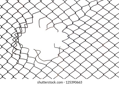 hole in the wire mesh fence at white background