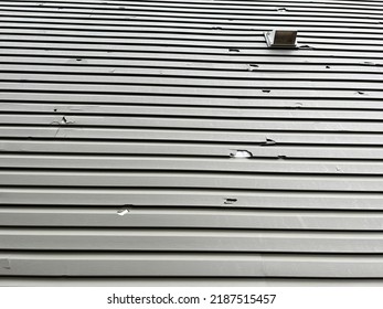 Holes In The Exterior Siding Of The Home From Hail Storm Damage. The Broken Vinyl Siding On A House Due To Hail.