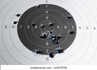 Holes in a shooting practice target.