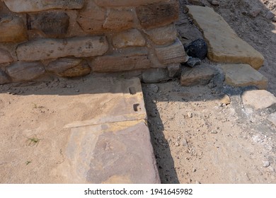 Holes In Stones For Wooden Gates On Entrance Of North Gate To The Citadel At Ancient Indus Valley Civilization Or Harappan Civilisation Ruins At Dholavira, Khadir Island, Kutch, Gujarat, India 