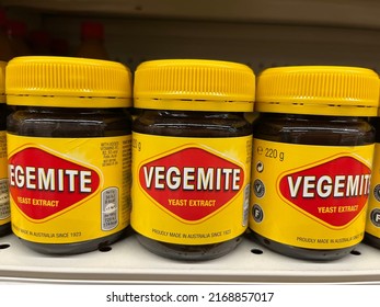 Holetown, Barbados - May 23, 2022: Jars of Vegemite on display on a grocery store shelf