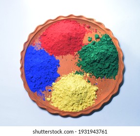 Holi Abir Thali .Top View With Isolated White Background.Holi Festival.