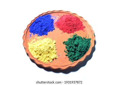 Holi Abir,gulal Thali On Isolated White Background.Top View.