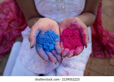 Holi Celebrations, Young Woman Playing Holi Festival With Dry Colors