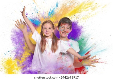 Holi festival celebration. Happy friends covered with colorful powder dyes on white background - Powered by Shutterstock