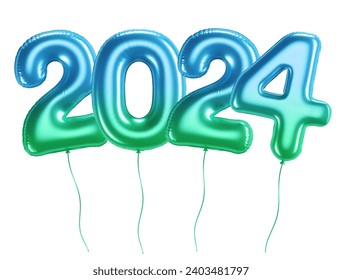 Holiday background happy new year 2024. Year numbers 2024 Green and blue balloon on white background with clipping path. Celebrating the New Year's