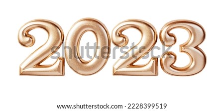 Holiday background Happy New Year 2023. Numbers of year 2023 made by gold candles isolated on white background with clipping path. celebrating New Year holiday, close-up. Space for text