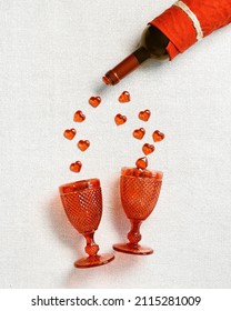 Holiday Background For Valentines Day 14 February, Hearts Fall From Bottle Red Wine In Wine Glasses On Cloth Texture Table, Copy Space, Flat Lay. Romance Love Concept, Minimal Style, Vertical Format