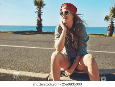 Holiday, beach and woman with skateboard, adventure and freedom by promenade. Summer girl, travel and sunglasses by ocean with skater style, outdoor laugh and road on vacation journey in miami - Powered by Shutterstock