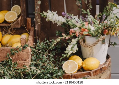 Holiday Buffet. Snacks, Drinks And Decorations At A Wedding Dinner Or Party. Rustic Decor With Lemons