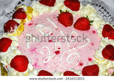 Holiday cake with cream and strawberries graduation Abi 2010 in Leherheide Bremerhaven Bremen Germany.
