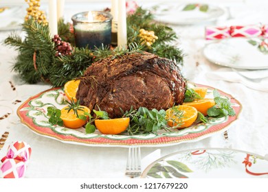 Holiday Christmas Prime Rib Beef Roast On The Table