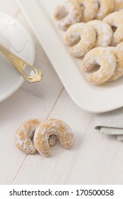 Holiday Crescent Cookies On White Serving Plate