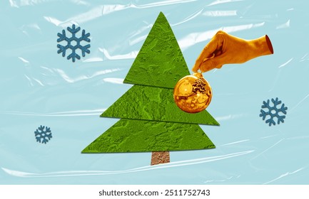 Holiday Decoration Christmas Tree Collage - cut out green tree paper, hand decorating golden ornament, and blue snowflakes, set against a  frosty winter background. - Powered by Shutterstock