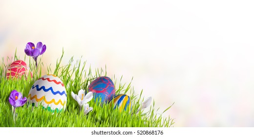 Holiday Easter card with eggs and flowers, celebration backdrop
