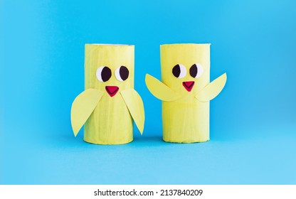 Holiday easy DIY craft idea for kids. Toilet paper roll tube toy rabbit on blue background. Creative New Year, xmas decoration eco-friendly, reuse, recycle handmade minimal concept - Shutterstock ID 2137840209