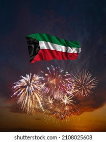 Holiday fireworks in evening sky and flag of Kuwait for National Independence day