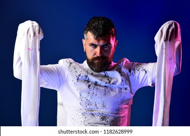 Holiday Halloween With Funny Carnival Costumes - Straitjacket. Insane Mad In Straitjacket On Blue Background. 31 October. Make Up And Scary Concept For Man. Celebration Party