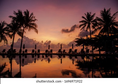 Holiday happy time wake up sunrise orange sky pool coconuts tree - Shutterstock ID 1696971922
