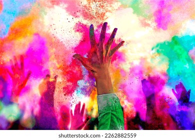 Holiday Holi concept.An explosion of multi-colored paint, bright vibrant pigments. Noisy dust and powder texture, flicker and shimmer noise. Background with hands for design.