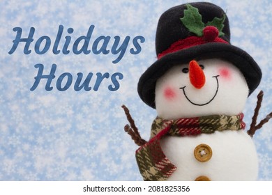 Holiday Hours Message With Happy Snowman With Hat With Snowy Sky 